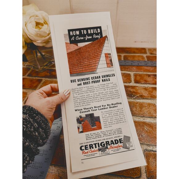 Vintage Other - 1940 Certigrade Red Cedar Shingles Vtg Print Ad‎ - How to Build a Carefree Roof